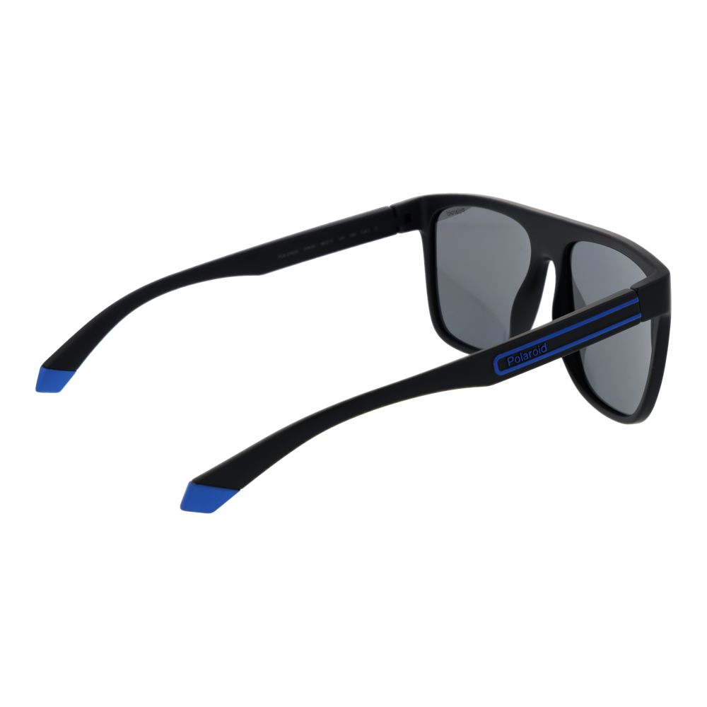 Sunglasses by Polaroid for men in polycarbonate black features an lustrous rectangle full-rim frame design with black coloured frame detailing and polarized category-3-dark-tint lens for a lustrous aesthetic.