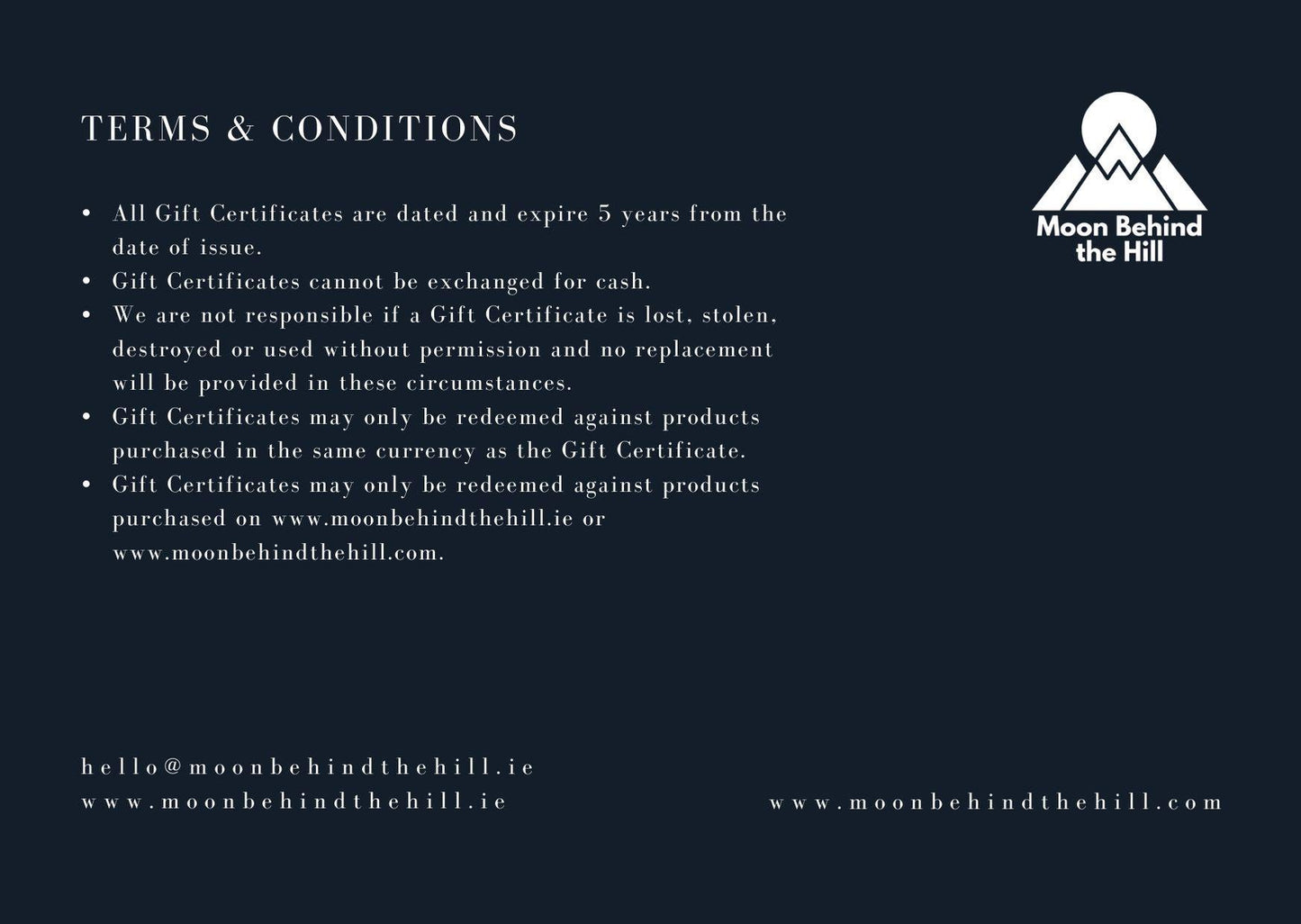 Moon Behind the Hill Gift Card from Moon Behind The Hill - Moon Behind The Hill