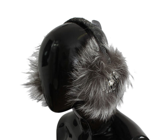 Gray Fox Fur Crystal Ear Muffs - Designed by Dolce & Gabbana Available to Buy at a Discounted Price on Moon Behind The Hill Online Designer Discount Store