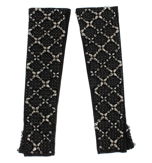 Black Leather Crystal Beaded Finger Free Gloves - Designed by Dolce & Gabbana Available to Buy at a Discounted Price on Moon Behind The Hill Online Designer Discount Store