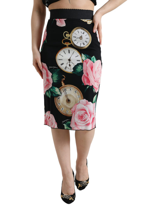 Black Rose Clock High Waist Pencil Cut Skirt