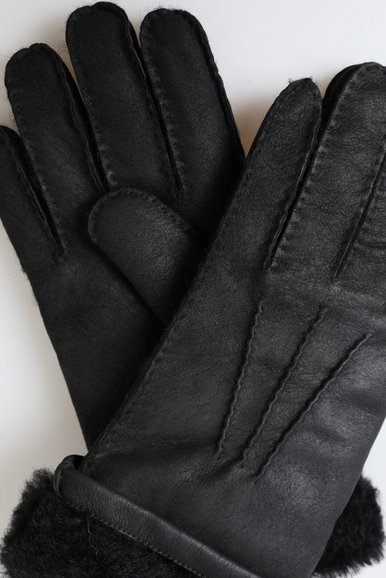 Black Leather Fur Short Hands Mitten Men Gloves
