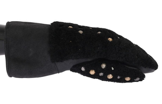 Black Leather Shearling Studded Gloves - Designed by Dolce & Gabbana Available to Buy at a Discounted Price on Moon Behind The Hill Online Designer Discount Store
