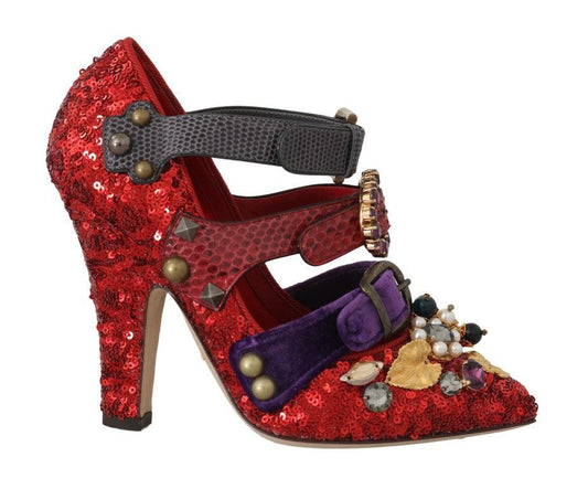 Dolce & Gabbana Red Sequined Crystal Studs Heels Shoes - Designed by Dolce & Gabbana Available to Buy at a Discounted Price on Moon Behind The Hill Online Designer Discount Store