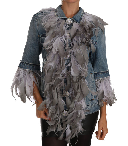 Denim Jacket Feathers Embellished Buttons - Designed by Dolce & Gabbana Available to Buy at a Discounted Price on Moon Behind The Hill Online Designer Discount Store