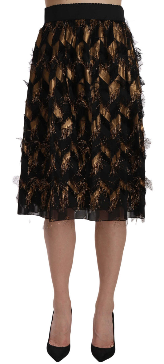 Black Gold Fringe Metallic Pencil A-line Skirt - Designed by Dolce & Gabbana Available to Buy at a Discounted Price on Moon Behind The Hill Online Designer Discount Store