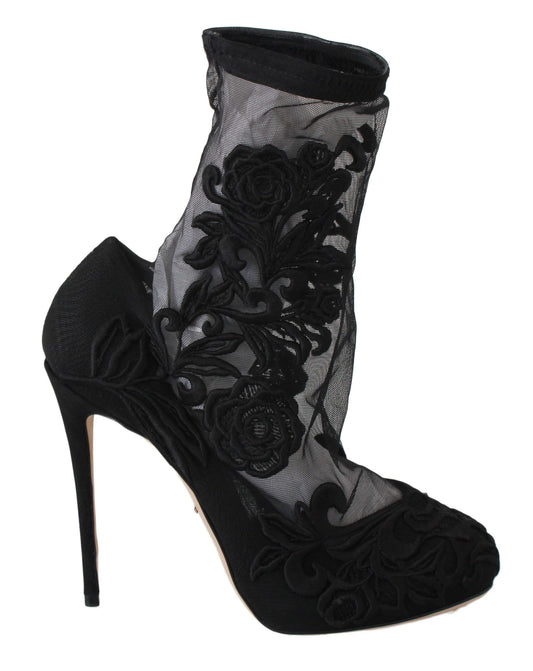 Dolce & Gabbana Black Roses Stilettos Booties Socks Shoes - Designed by Dolce & Gabbana Available to Buy at a Discounted Price on Moon Behind The Hill Online Designer Discount Store