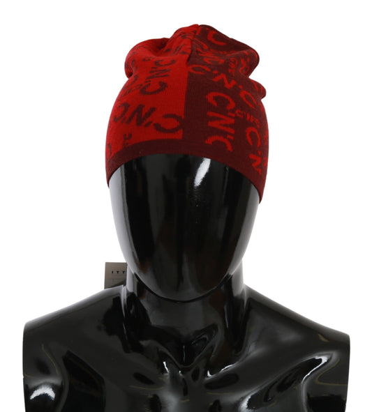 Costume National  Red Wool Blend Branded Beanie Hat - Designed by Costume National Available to Buy at a Discounted Price on Moon Behind The Hill Online Designer Discount Store