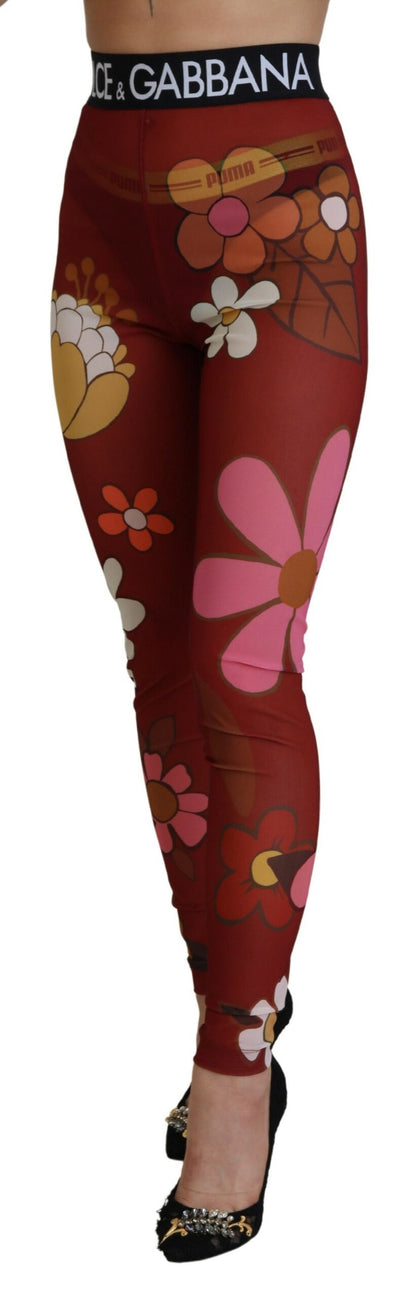 Red Floral Leggings Stretch Waist Pants