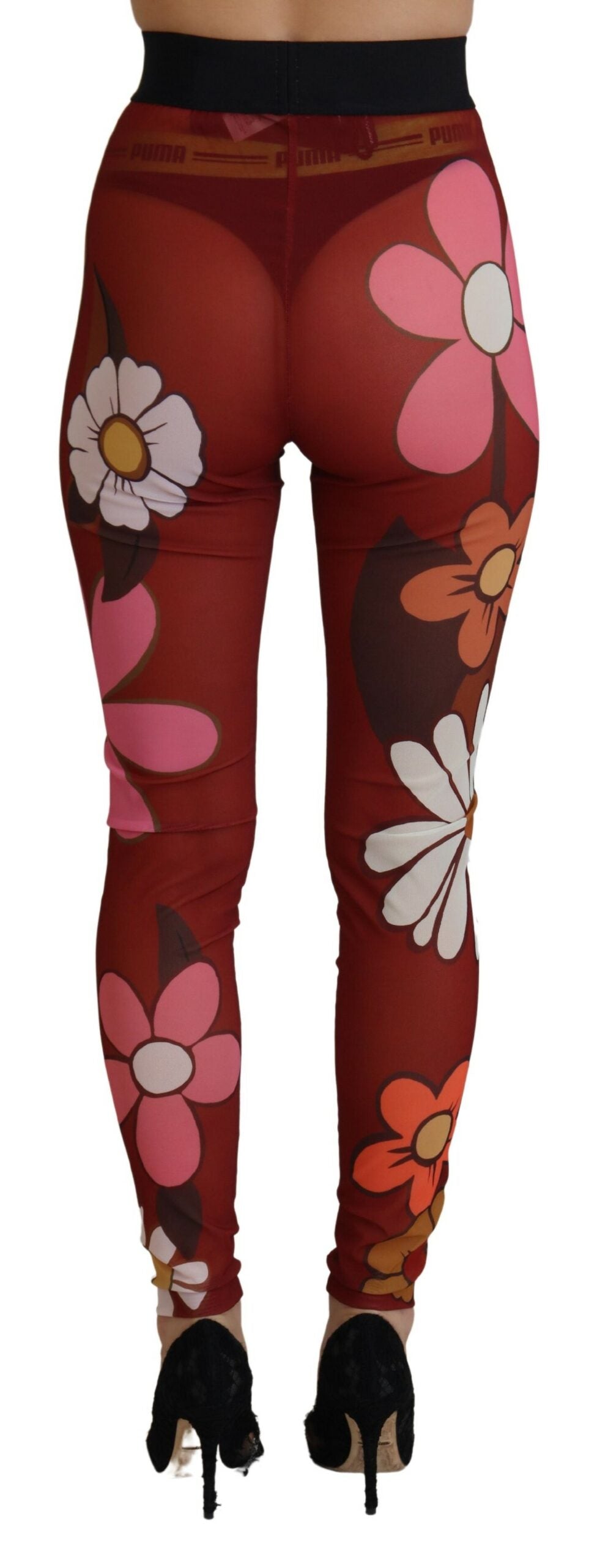 Red Floral Leggings Stretch Waist Pants