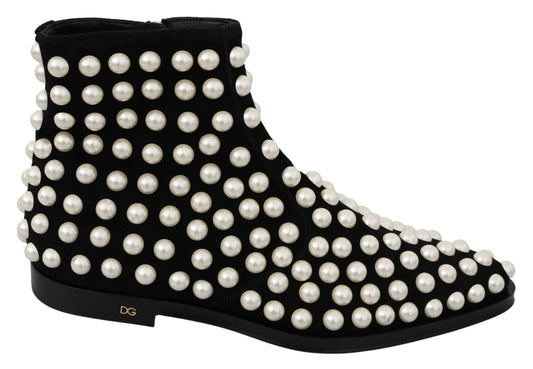 Black Suede Pearl Studs Boots Shoes - Designed by Dolce & Gabbana Available to Buy at a Discounted Price on Moon Behind The Hill Online Designer Discount Store