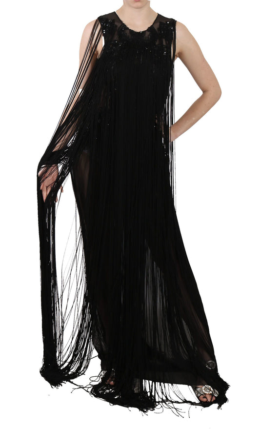 Black Silk Beaded Sequined Sheer Dress - Designed by John Richmond Available to Buy at a Discounted Price on Moon Behind The Hill Online Designer Discount Store