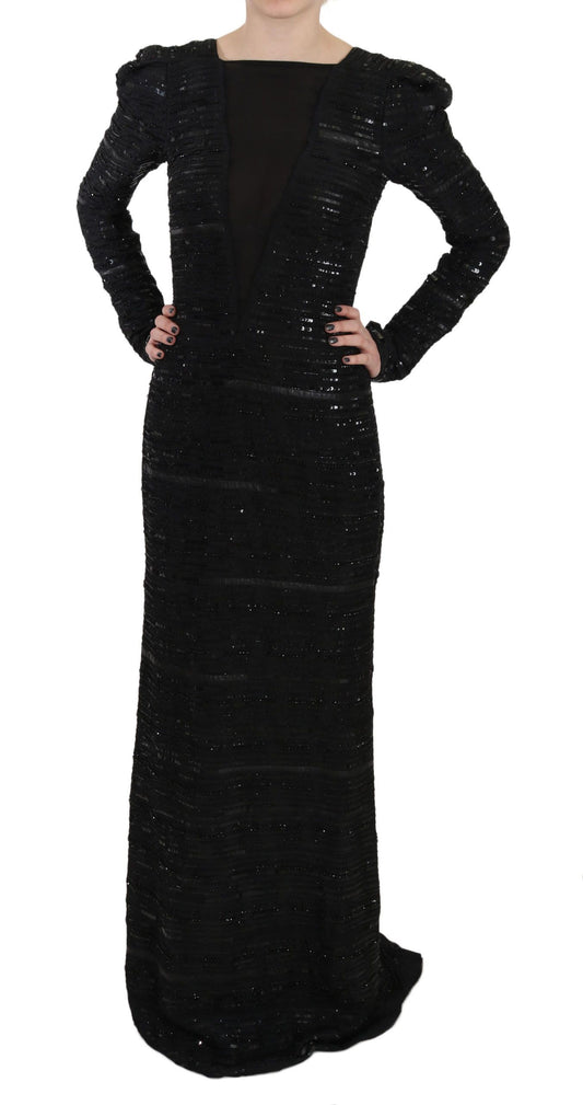 Black Silk Full Length Sequined Gown Dress - Designed by John Richmond Available to Buy at a Discounted Price on Moon Behind The Hill Online Designer Discount Store
