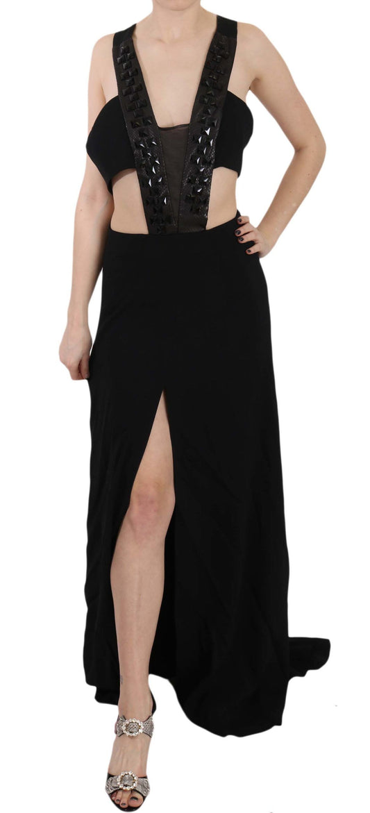 Black Crystal Leather Gown Flare Dress - Designed by John Richmond Available to Buy at a Discounted Price on Moon Behind The Hill Online Designer Discount Store