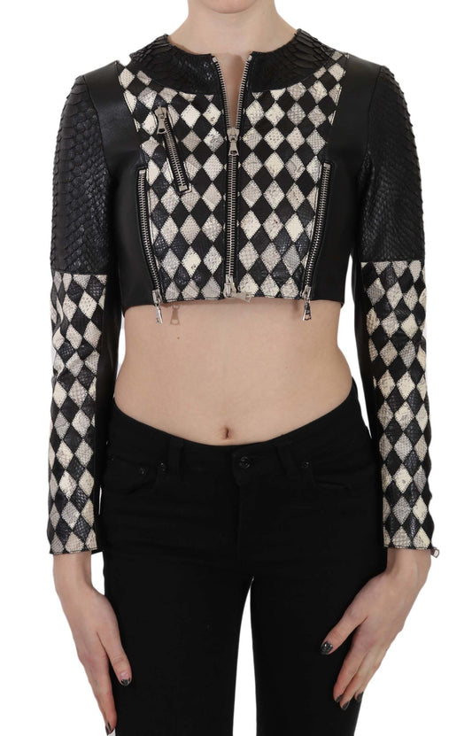 Black White Leather Short Cropped Biker Jacket Coat - Designed by John Richmond Available to Buy at a Discounted Price on Moon Behind The Hill Online Designer Discount Store