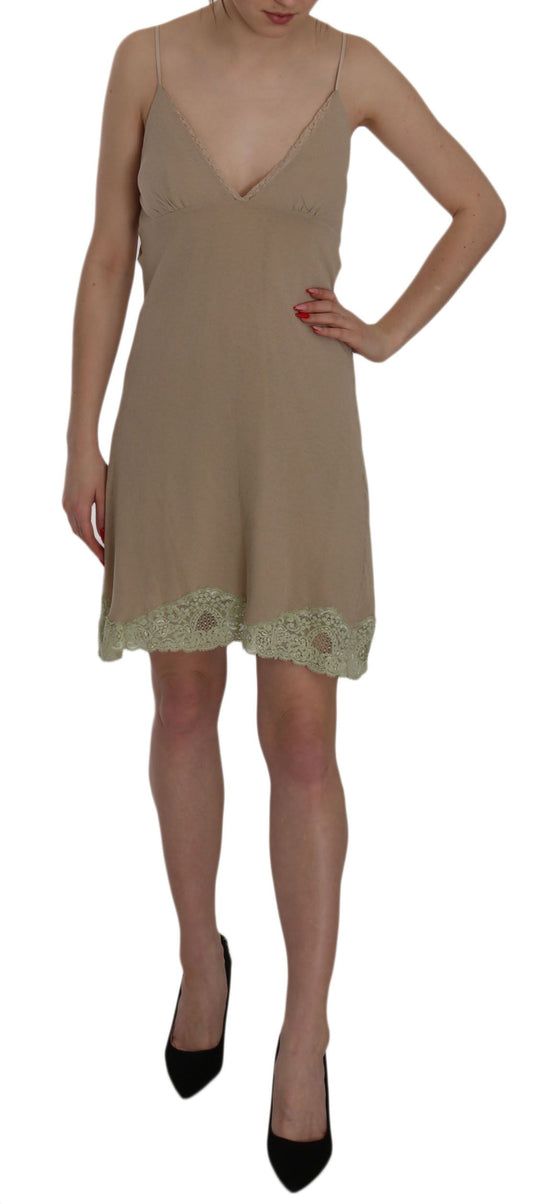 Beige Lace Spaghetti Strap Mini Cotton Dress - Designed by PINK MEMORIES Available to Buy at a Discounted Price on Moon Behind The Hill Online Designer Discount Store