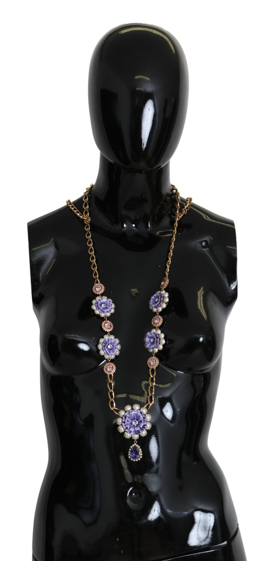 Gold Tone Floral Crystals Purple Embellished Necklace - Designed by Dolce & Gabbana Available to Buy at a Discounted Price on Moon Behind The Hill Online Designer Discount Store