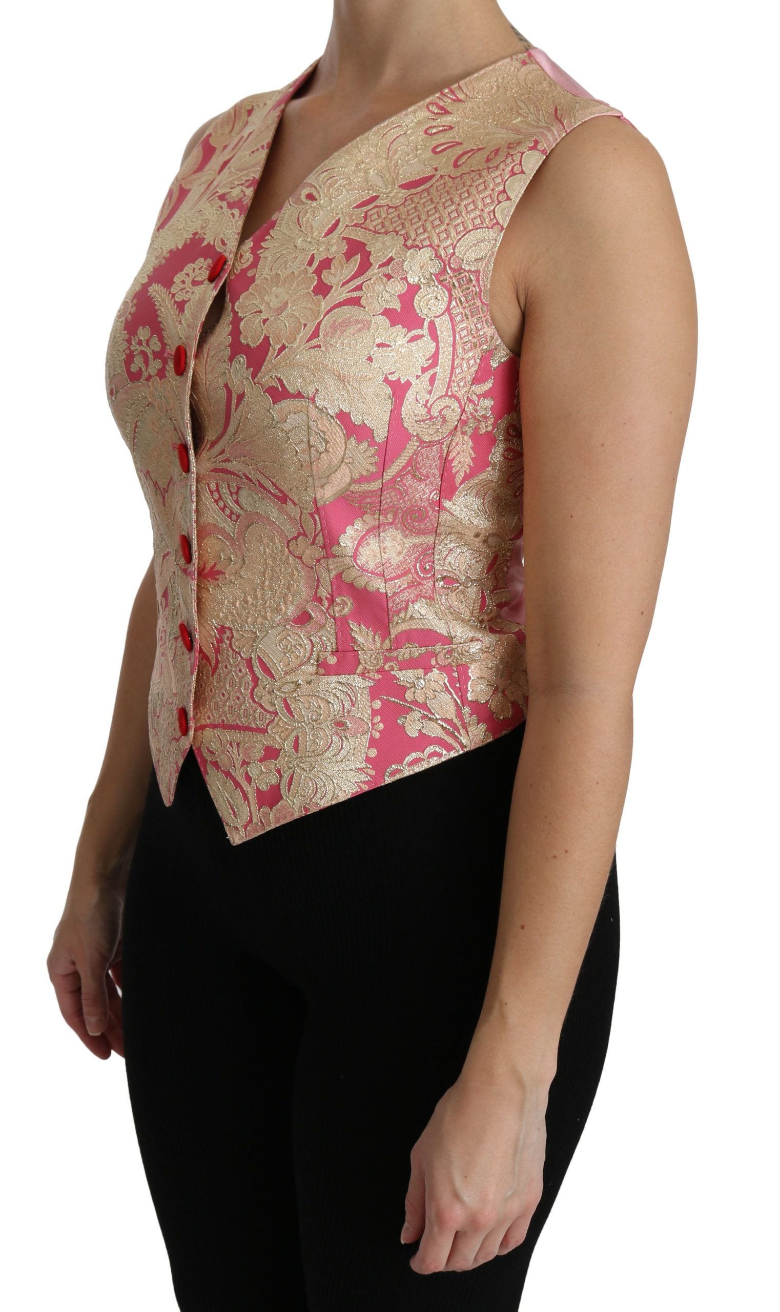 Dolce & Gabbana Ladies' Pink Gold Brocade Waistcoat Vest Blouse Top - Designed by Dolce & Gabbana Available to Buy at a Discounted Price on Moon Behind The Hill Online Designer Discount Store