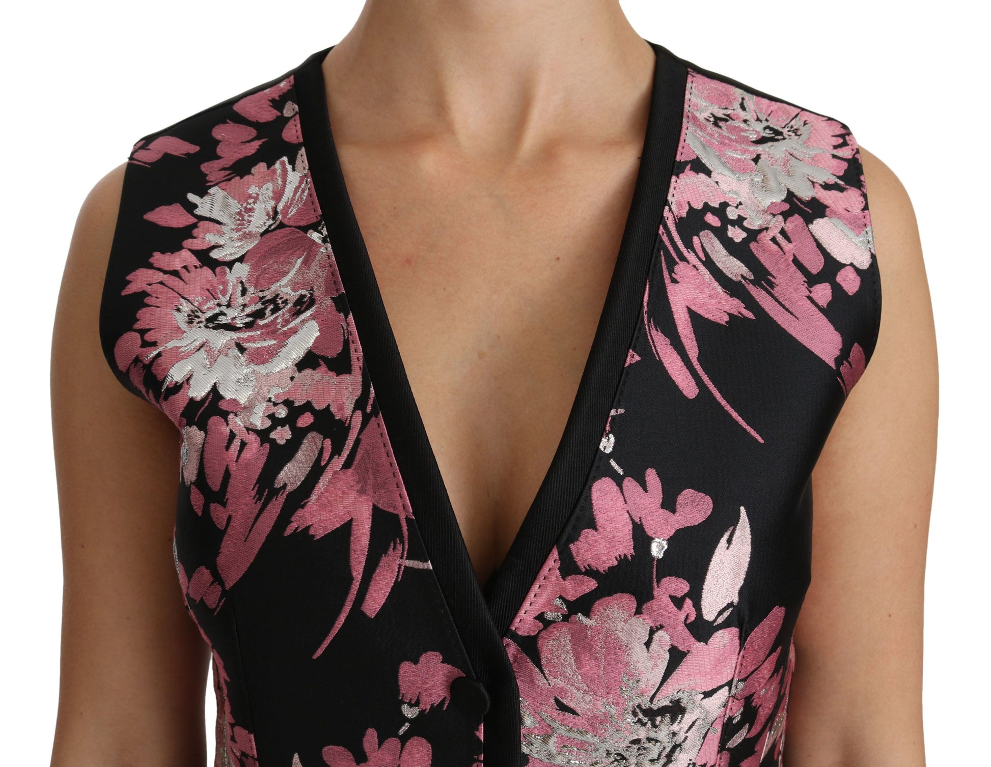 Dolce & Gabbana Ladies' Black Pink Floral Waistcoat Vest Blouse Top - Designed by Dolce & Gabbana Available to Buy at a Discounted Price on Moon Behind The Hill Online Designer Discount Store