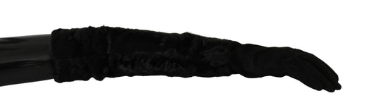 Black Elbow Length Mitten Suede Fur Gloves - Designed by Dolce & Gabbana Available to Buy at a Discounted Price on Moon Behind The Hill Online Designer Discount Store