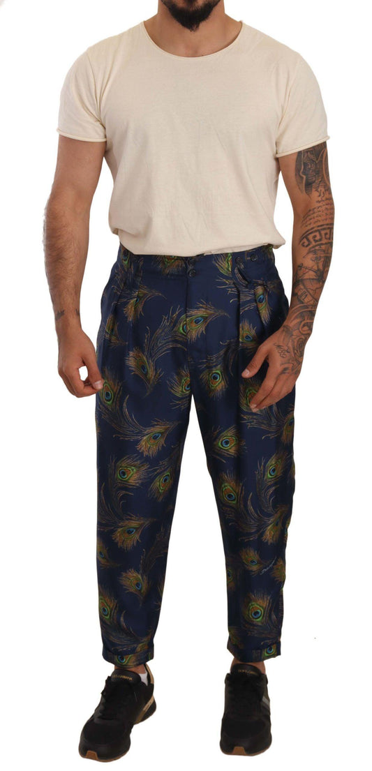 Blue Peacock Print Tapered Trousers Silk Pants - Designed by Dolce & Gabbana Available to Buy at a Discounted Price on Moon Behind The Hill Online Designer Discount Store