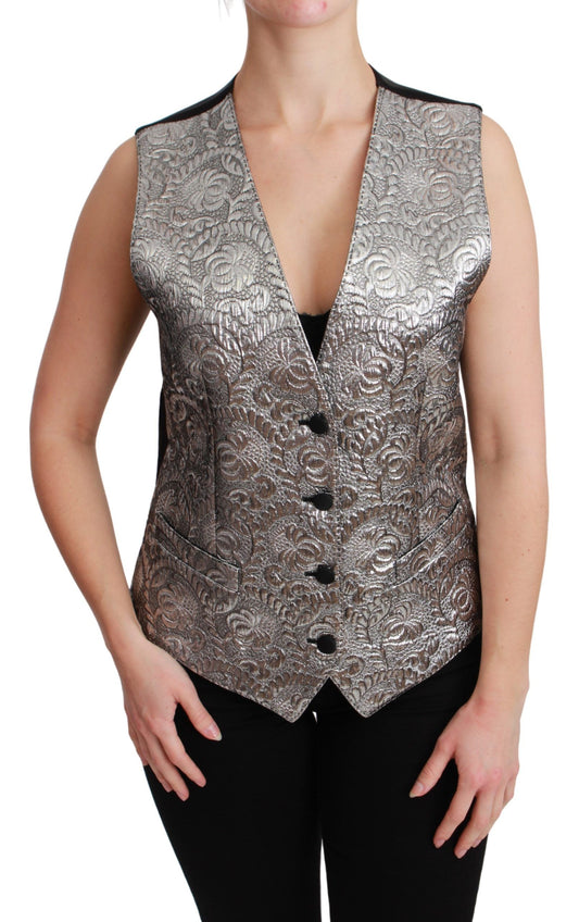 Dolce & Gabbana Ladies' Silver Brocade Sleeveless Metallic Top - Designed by Dolce & Gabbana Available to Buy at a Discounted Price on Moon Behind The Hill Online Designer Discount Store