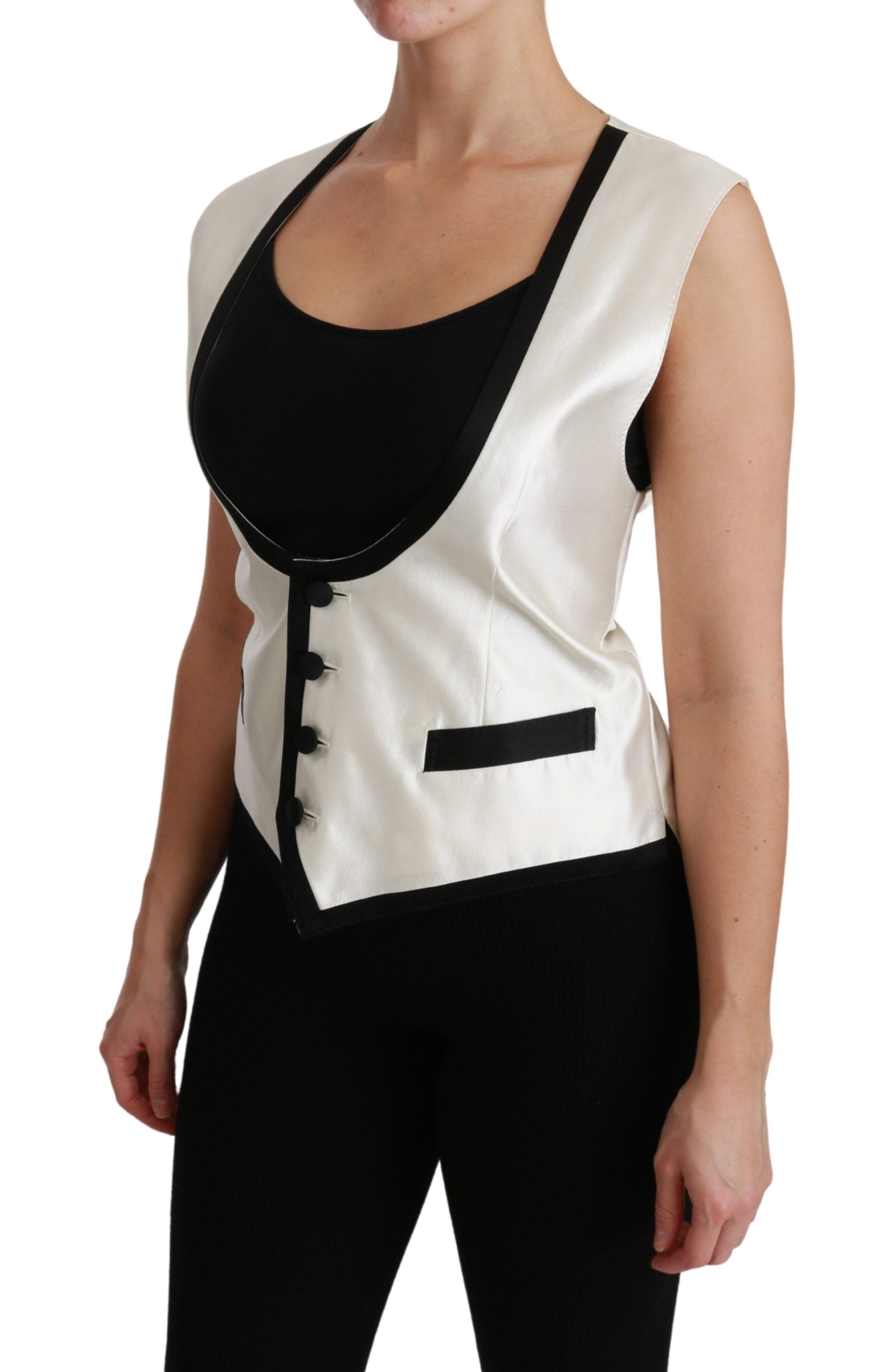 Dolce & Gabbana Ladies' White Waistcoat Slim Vest Silk Top - Designed by Dolce & Gabbana Available to Buy at a Discounted Price on Moon Behind The Hill Online Designer Discount Store