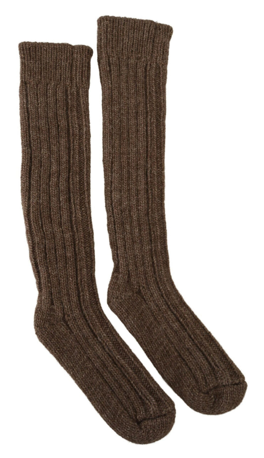 Brown Wool Knit Calf Long Women Socks - Designed by Dolce & Gabbana Available to Buy at a Discounted Price on Moon Behind The Hill Online Designer Discount Store