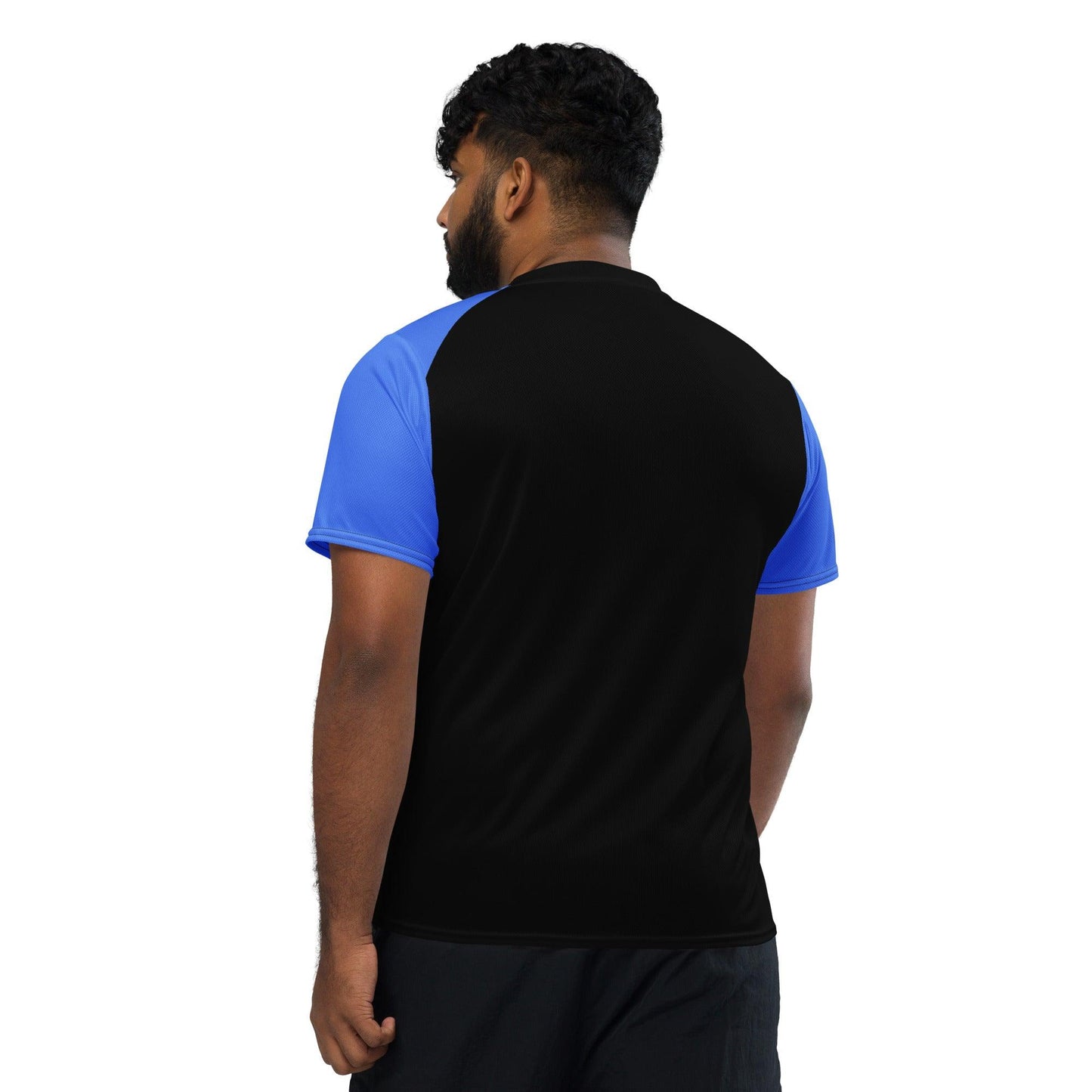 Black & Blue Recycled unisex sports jersey - Designed by Moon Behind The Hill Available to Buy at a Discounted Price on Moon Behind The Hill Online Designer Discount Store