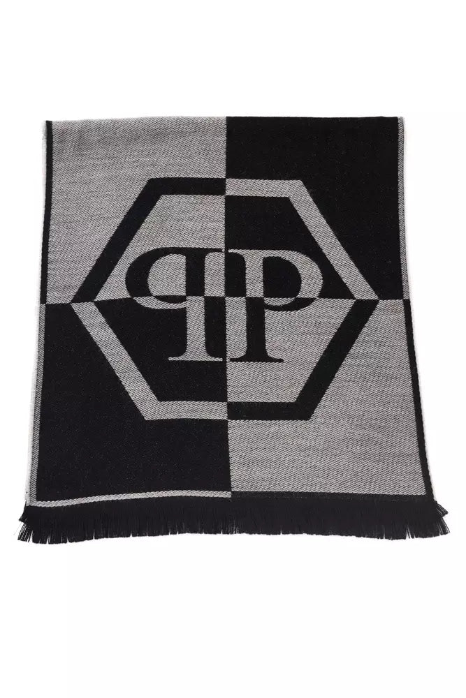 Grey & Black Wool Philipp Plein Logo Scarf - Designed by Philipp Plein Available to Buy at a Discounted Price on Moon Behind The Hill Online Designer Discount Store