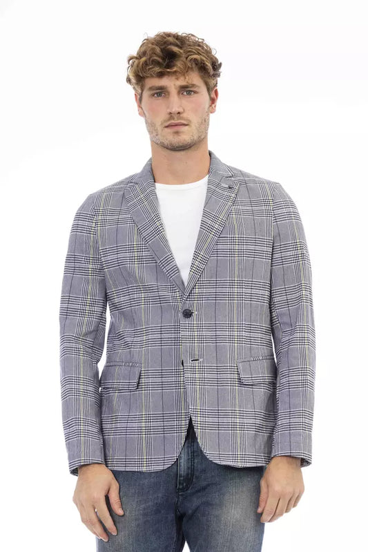Distretto12 Men's Blue Checked Polyester Classic Blazer Jacket