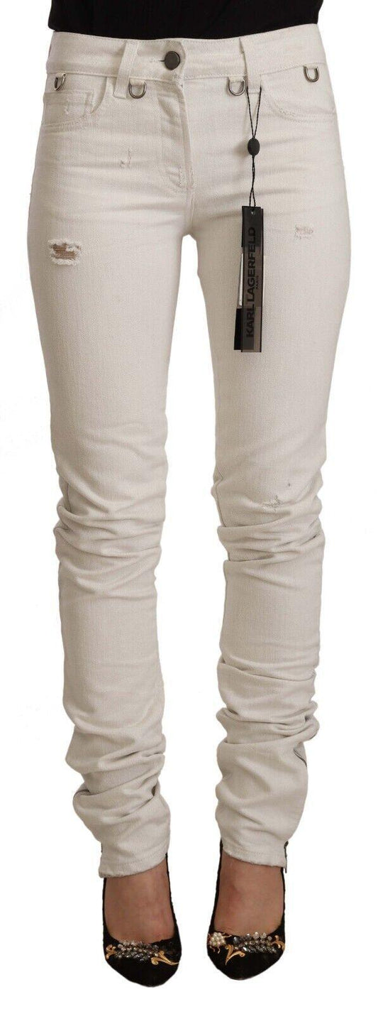 Karl Lagerfeld Women's White Mid Waist Cotton Denim Slim Fit Jeans - Designed by Karl Lagerfeld Available to Buy at a Discounted Price on Moon Behind The Hill Online Designer Discount Store