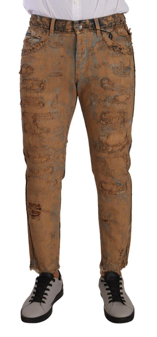 Brown Distressed Cotton Regular Denim Jeans - Designed by Dolce & Gabbana Available to Buy at a Discounted Price on Moon Behind The Hill Online Designer Discount Store