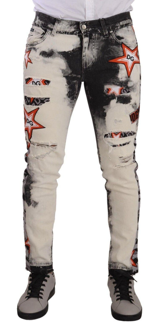 White Black Cotton Distressed Skinny Denim Jeans designed by Dolce & Gabbana available from Moon Behind The Hill 's Clothing > Pants > Mens range