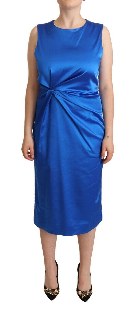 P.A.R.O.S.H. Blue Acetate Sleeveless Pleated Midi Sheath Dress designed by P.A.R.O.S.H. available from Moon Behind The Hill 's Clothing > Dresses > Womens range