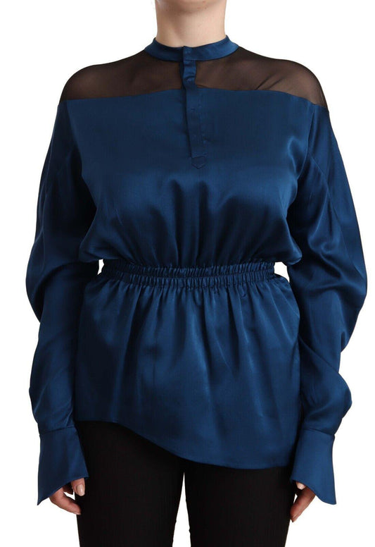 Blue Silk Long Sleeves Elastic Waist Top Blouse - Designed by Masha Ma Available to Buy at a Discounted Price on Moon Behind The Hill Online Designer Discount Store