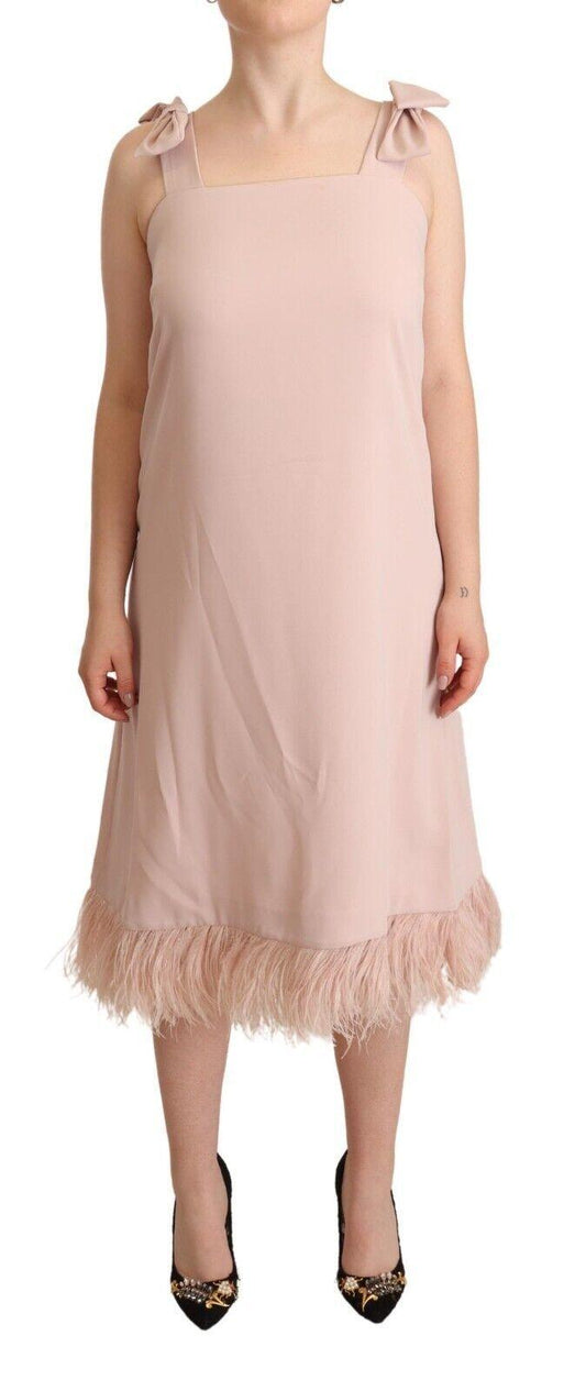 P.A.R.O.S.H. Pink Polyester Sleeveless Midi Feather Shift Dress designed by P.A.R.O.S.H. available from Moon Behind The Hill 's Clothing > Dresses > Womens range