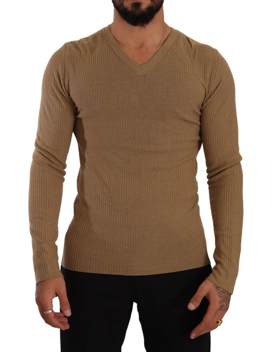Ermanno Scervino Brown Wool Knit V-neck Men Pullover Sweater - Designed by Ermanno Scervino Available to Buy at a Discounted Price on Moon Behind The Hill Online Designer Discount Store