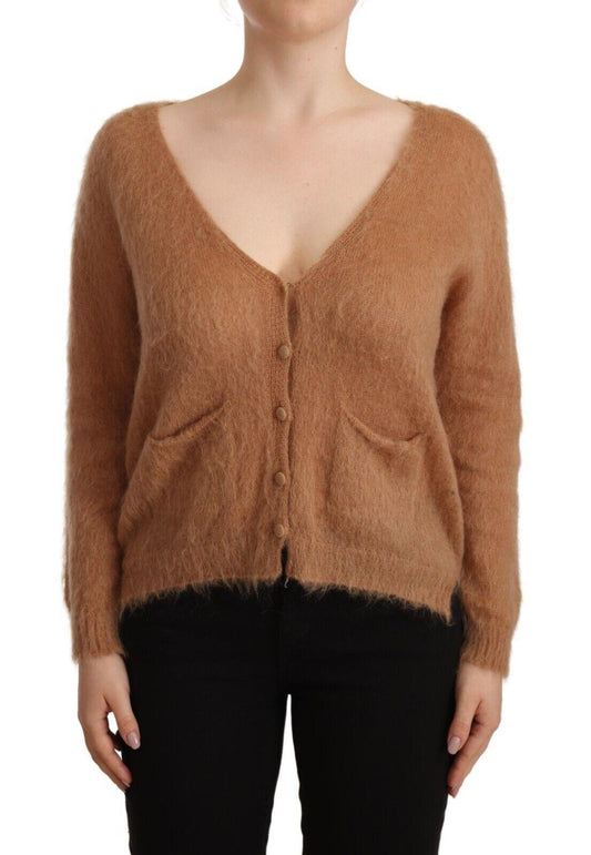 Brown Cardigan V-Neck Long Sleeve Sweater - Designed by PINK MEMORIES Available to Buy at a Discounted Price on Moon Behind The Hill Online Designer Discount Store