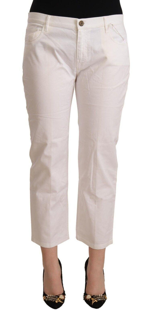L'Autre Chose Women's White Cotton Mid Waist Cropped Denim Jeans - Designed by L'Autre Chose Available to Buy at a Discounted Price on Moon Behind The Hill Online Designer Discount Store