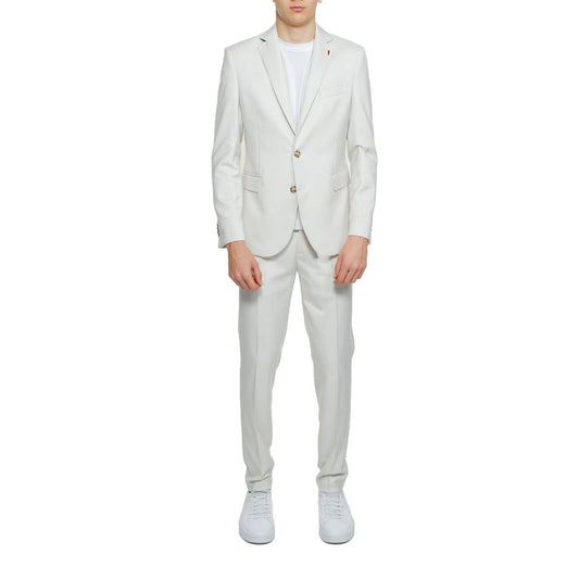 Pant Suit by Mulish for men in stretch viscose polyester beige presents a sharp silhouette, artfully finished with a sharp and a sophisticated slim for a truly sharp look.