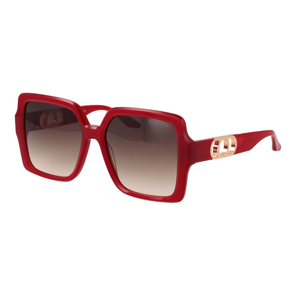 Sunglasses by Trussardi for women in acetate multicolor features a sumptuous silhouette, showcasing a sumptuous full-rim square frame design in red coloured frame with high-performance gradient category-3-dark-tint lens.