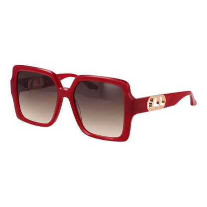 Sunglasses by Trussardi for women in acetate multicolor features a sumptuous silhouette, showcasing a sumptuous full-rim square frame design in red coloured frame with high-performance gradient category-3-dark-tint lens.