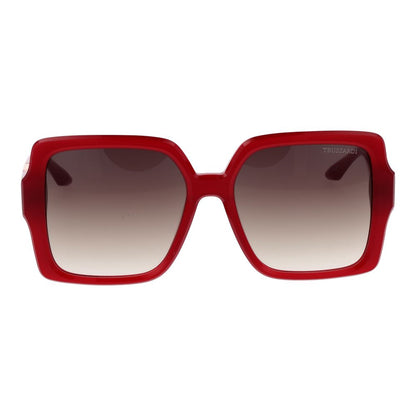 Sunglasses by Trussardi for women in acetate multicolor showcases a ethereal silhouette, featuring red coloured frame full-rim square frame design with gradient category-3-dark-tint lens for a ethereal finish.
