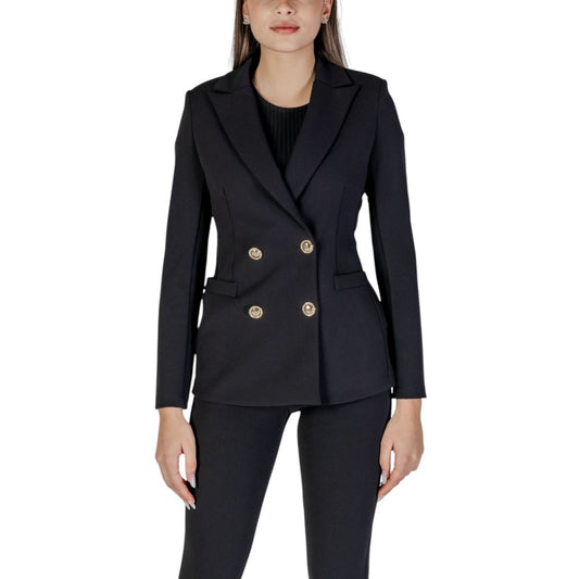Blazer by Rinascimento for women in stretch polyester black & patterned showcases a polished silhouette, highlighted by a refined lapel neckline and polished for a sophisticated finish.