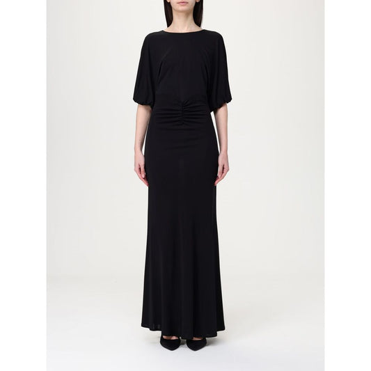 Dress by Twinset for women in elastane black features a dramatic silhouette, showcasing an elegant round neckline and short-sleeve that flows into a dramatic short long.