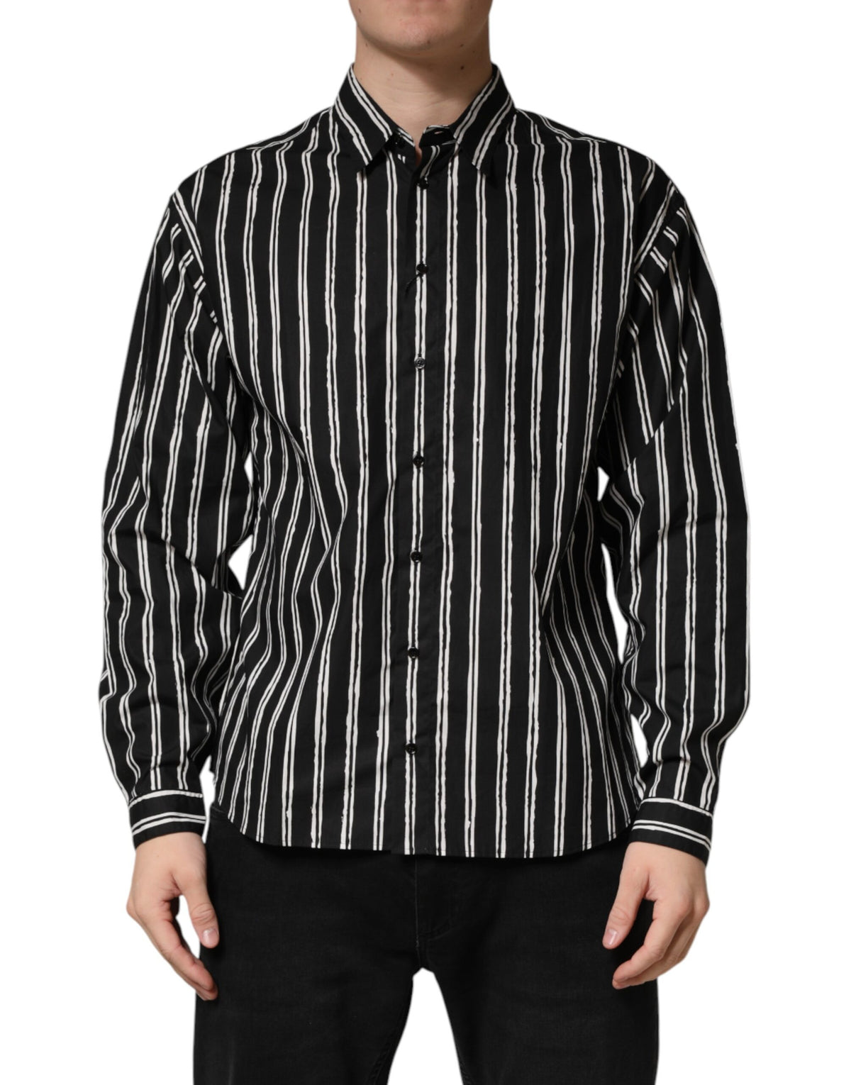 Dolce & Gabbana Crisp Men's Slim Long-Sleeve Cotton Dress Shirt - Black Striped