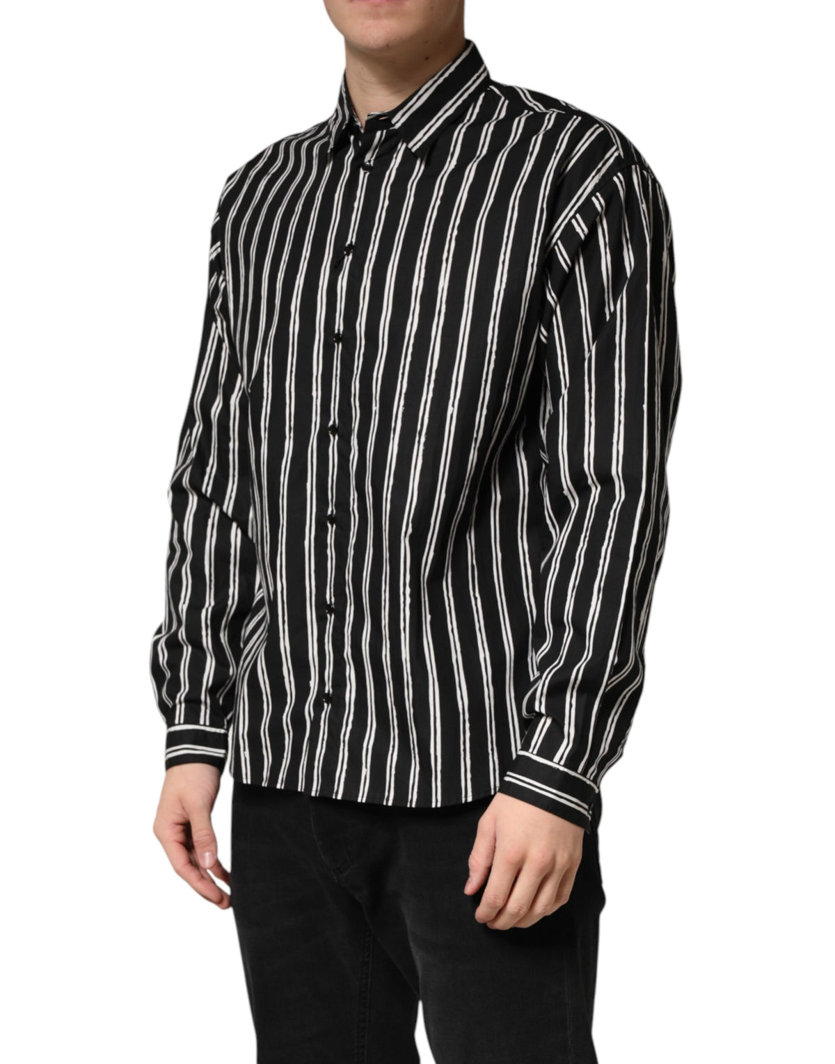 Dolce & Gabbana Crisp Men's Slim Long-Sleeve Cotton Dress Shirt - Black Striped