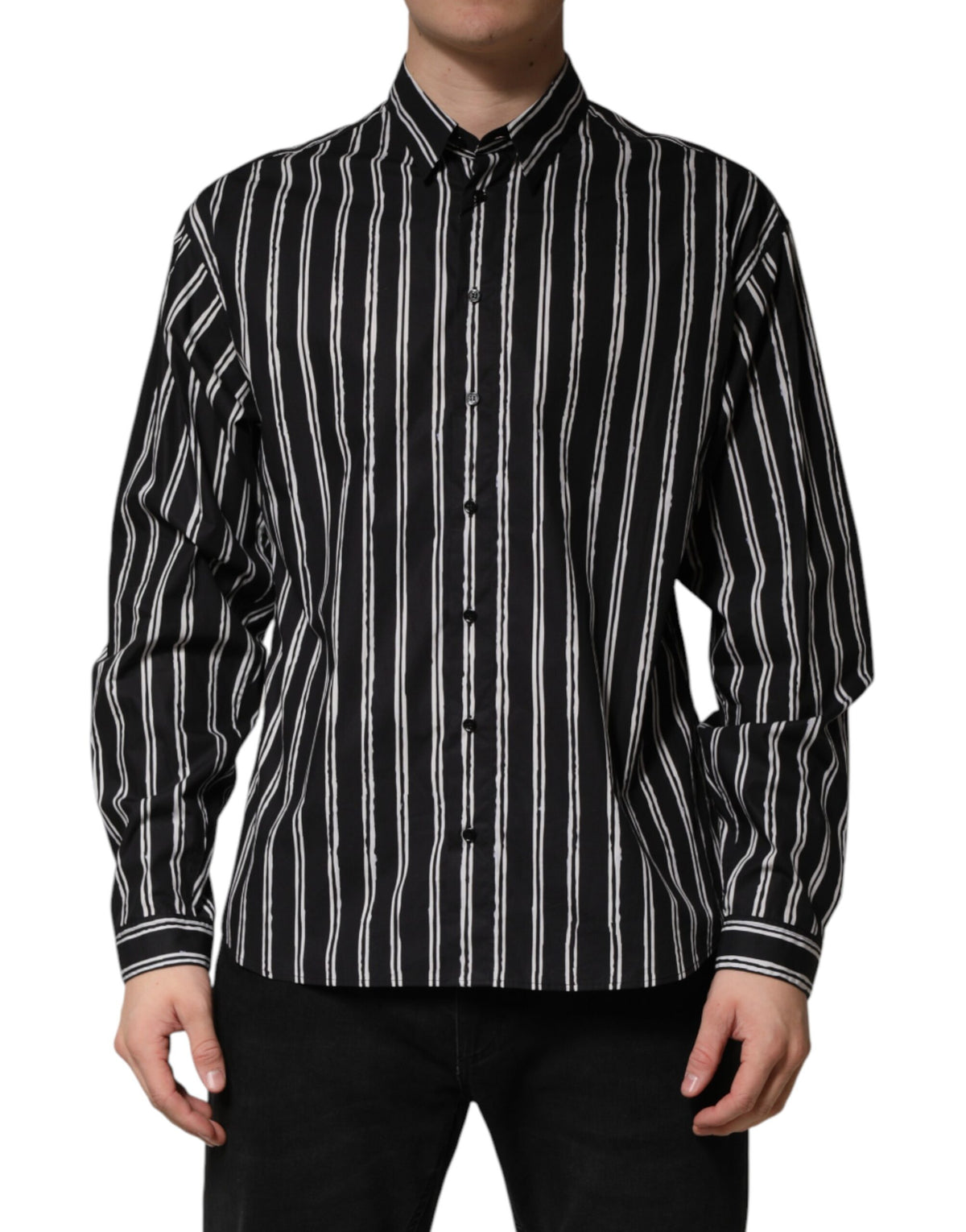 Dolce & Gabbana Crisp Men's Slim Long-Sleeve Cotton Dress Shirt - Black Striped
