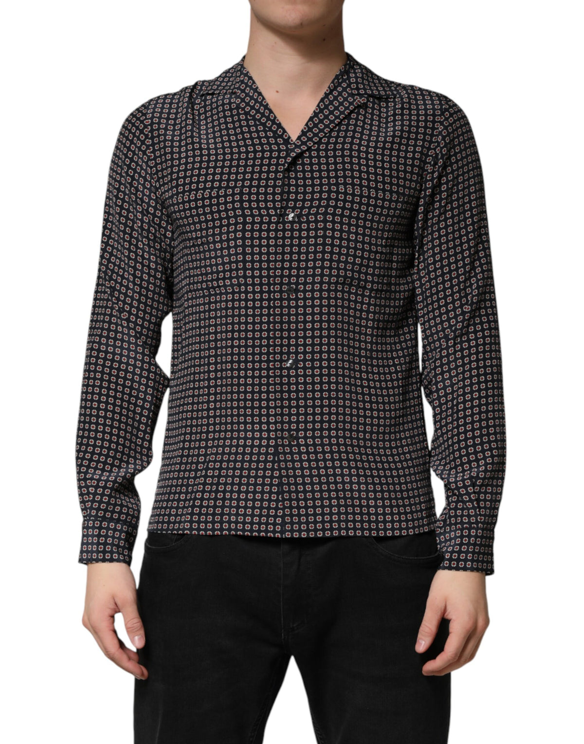 Dolce & Gabbana Crisp Men's Slim Long-Sleeve Silk T-Shirt - Black Patterned
